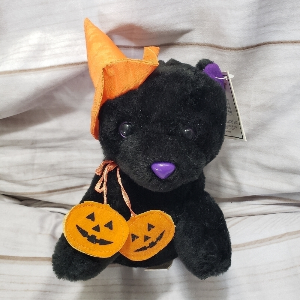 Chrisha Playful Plush Halloween Black Cat 7" Stuffed Animal Purple Eyes 1988